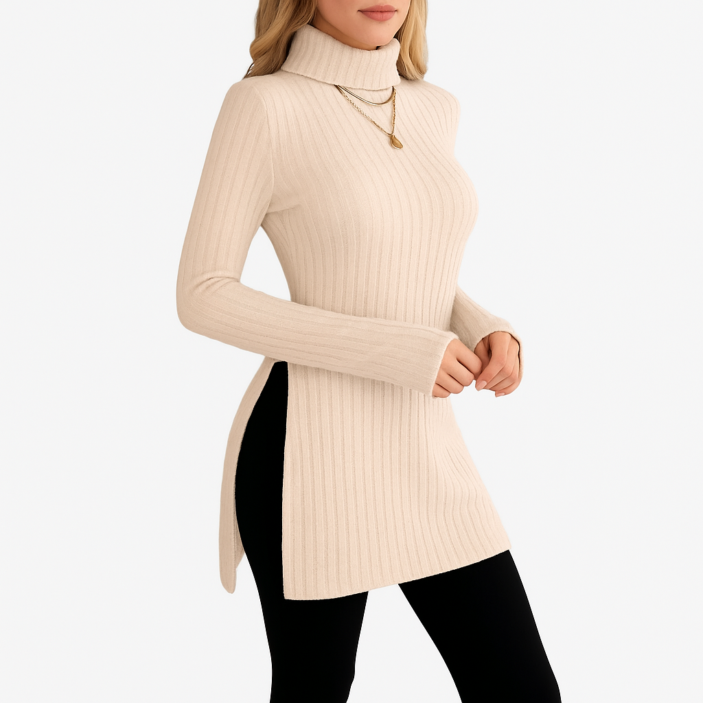 Damski prążkowany sweter | Z golfem