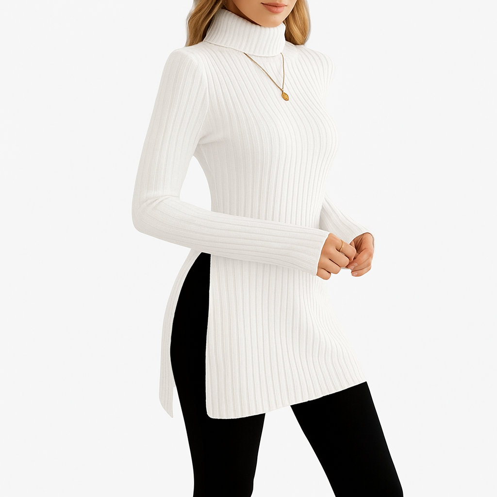 Damski prążkowany sweter | Z golfem