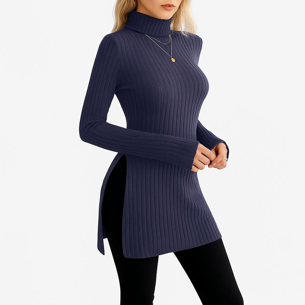 Damski prążkowany sweter | Z golfem