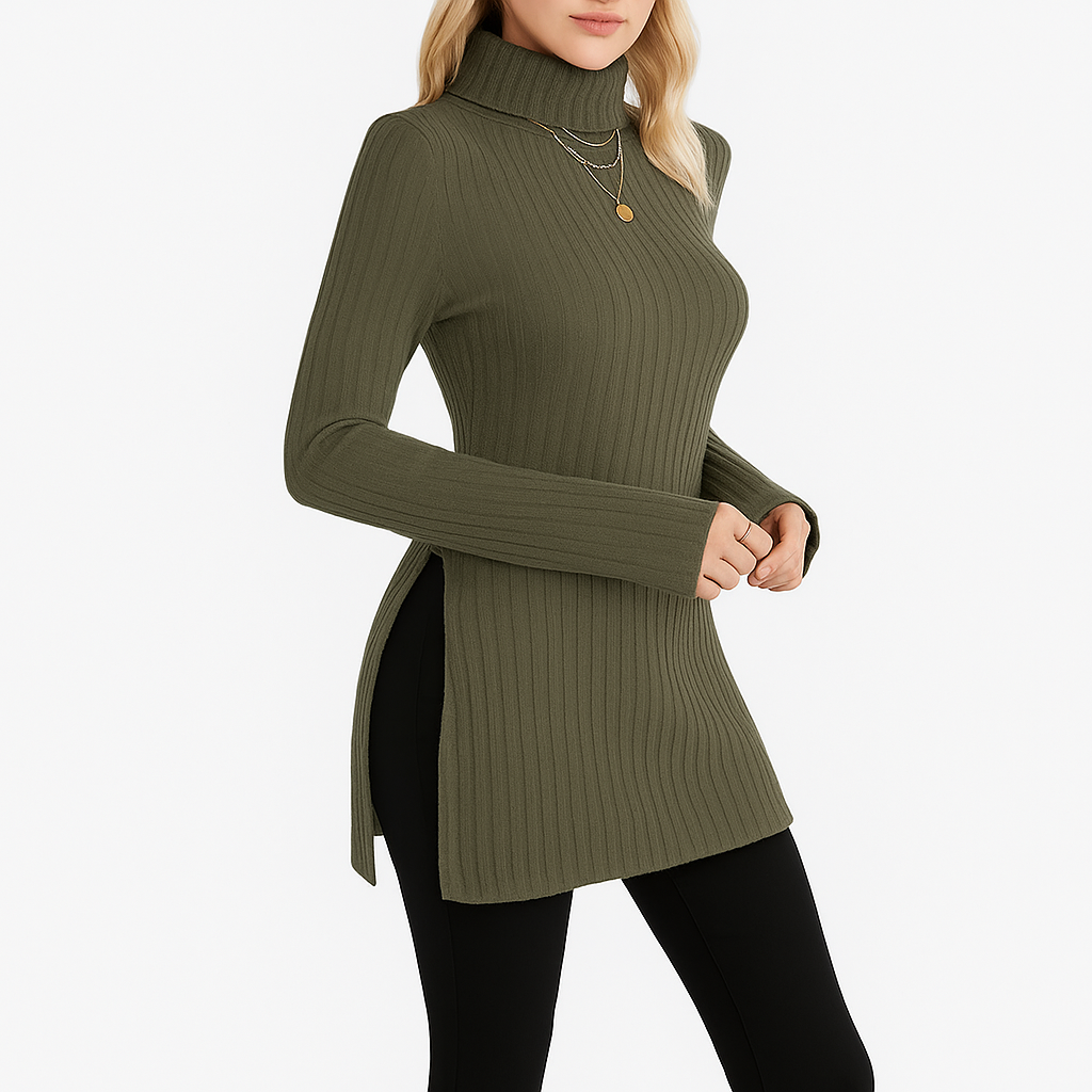 Damski prążkowany sweter | Z golfem