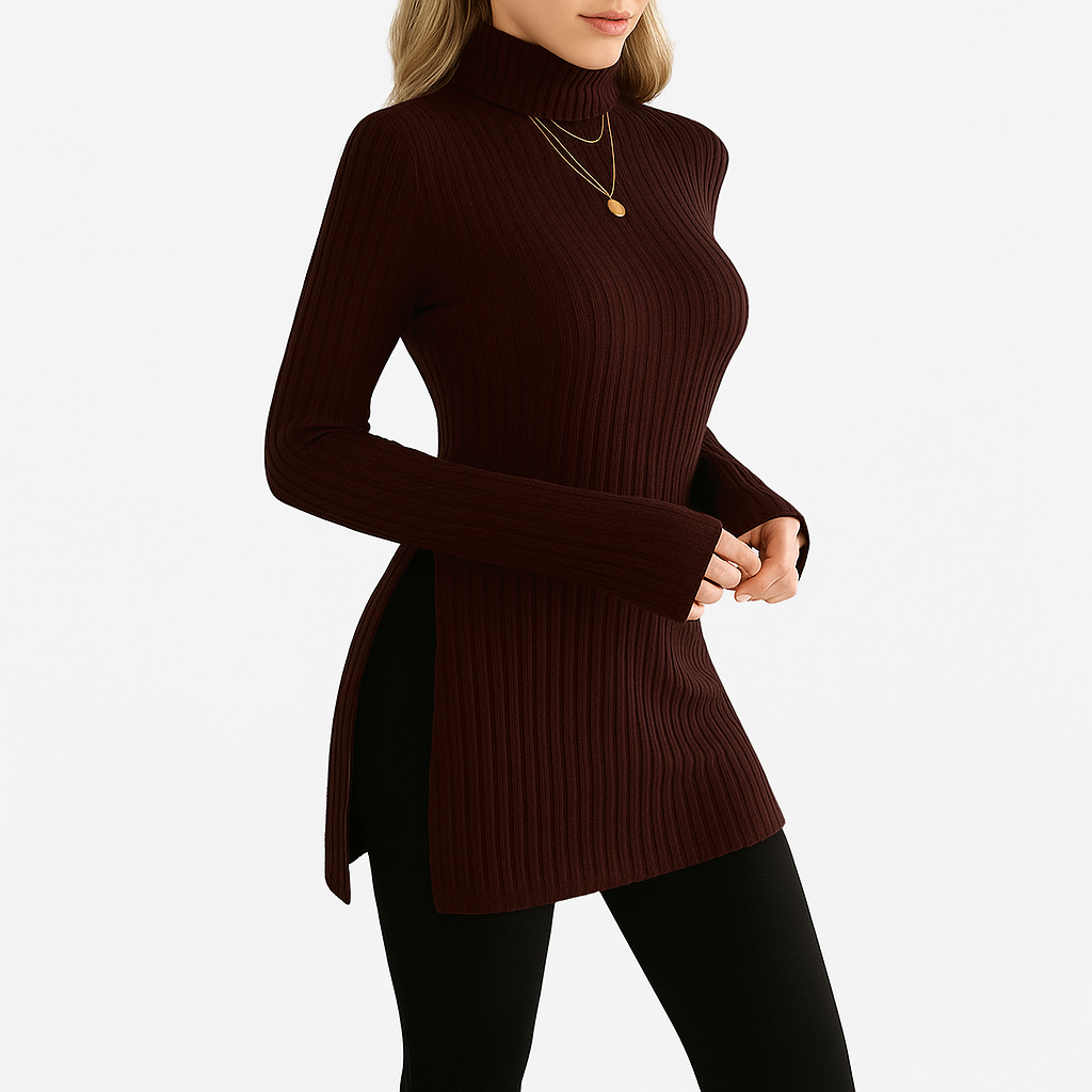 Damski prążkowany sweter | Z golfem