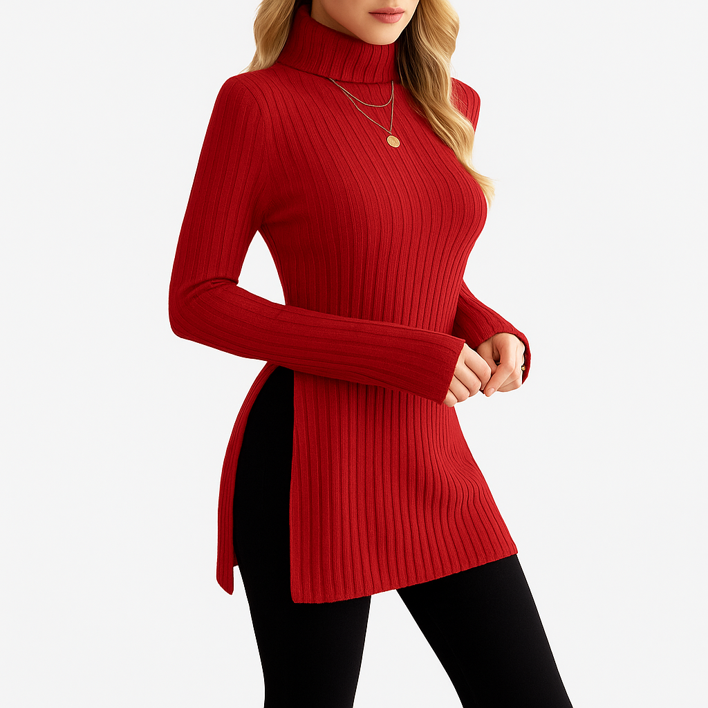 Damski prążkowany sweter | Z golfem