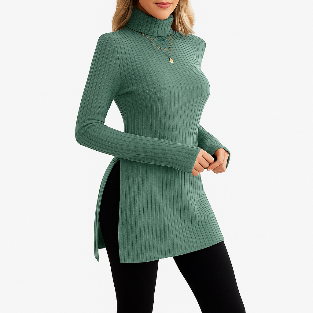 Damski prążkowany sweter | Z golfem