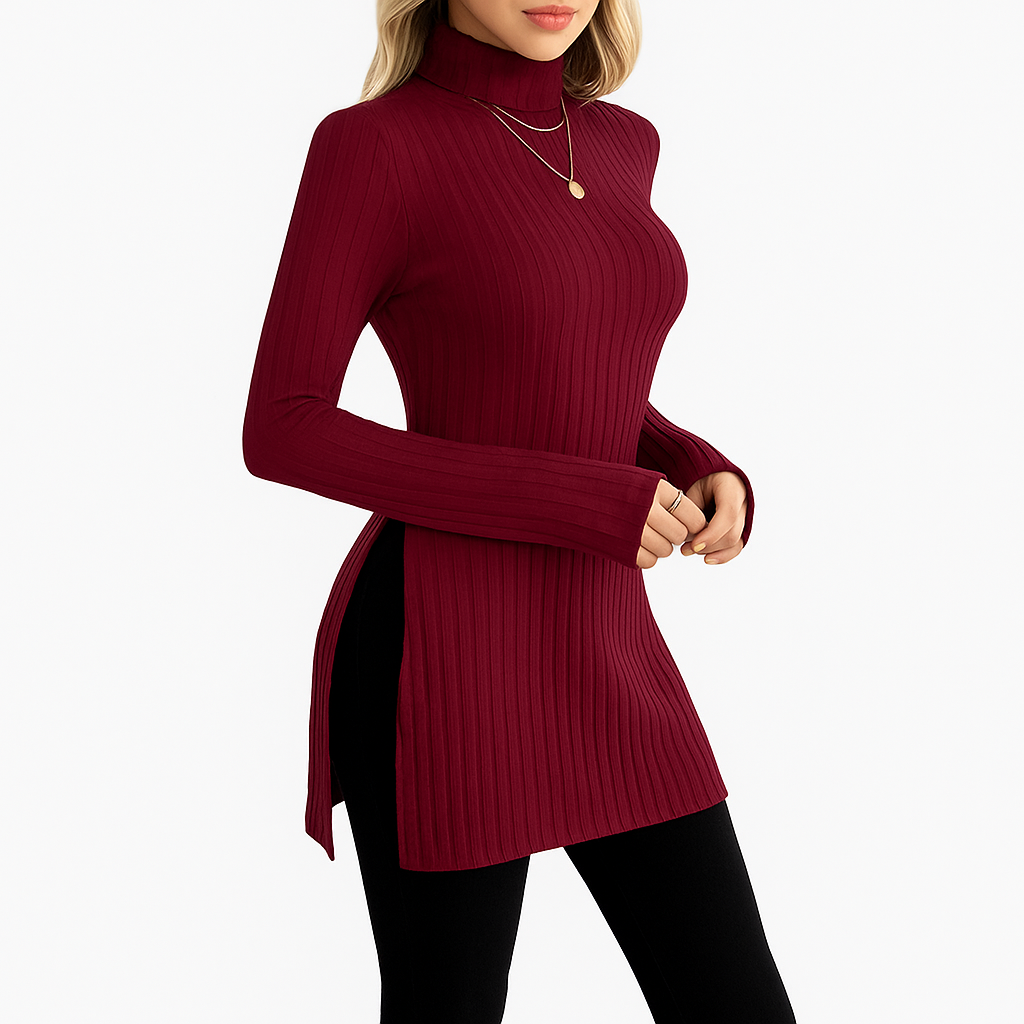 Damski prążkowany sweter | Z golfem