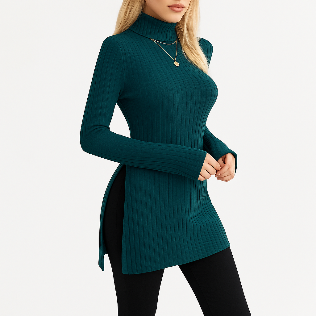 Damski prążkowany sweter | Z golfem