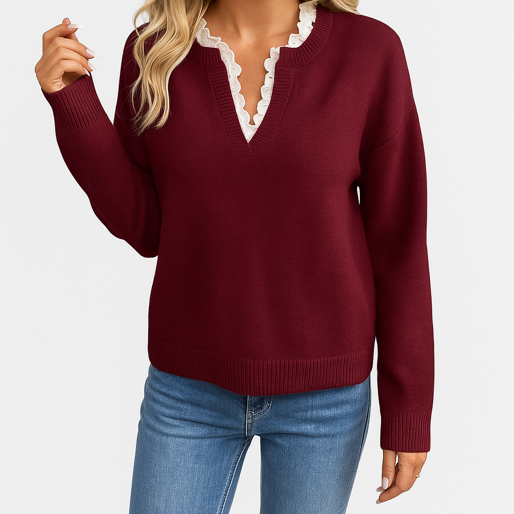Damski sweter z dekoltem w serek | Z koronką