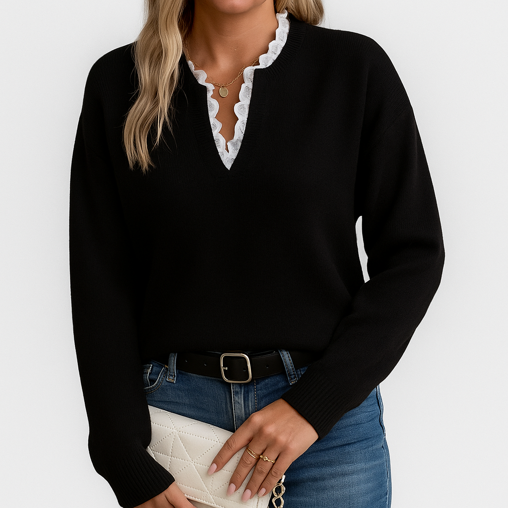 Damski sweter z dekoltem w serek | Z koronką